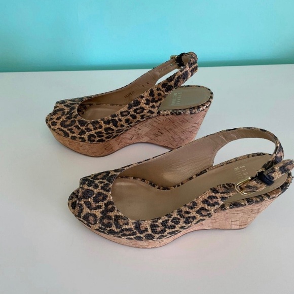 Stuart Weitzman peep toe sling back Leopard / Cheetah Animal print wedge sandals - Picture 2 of 4